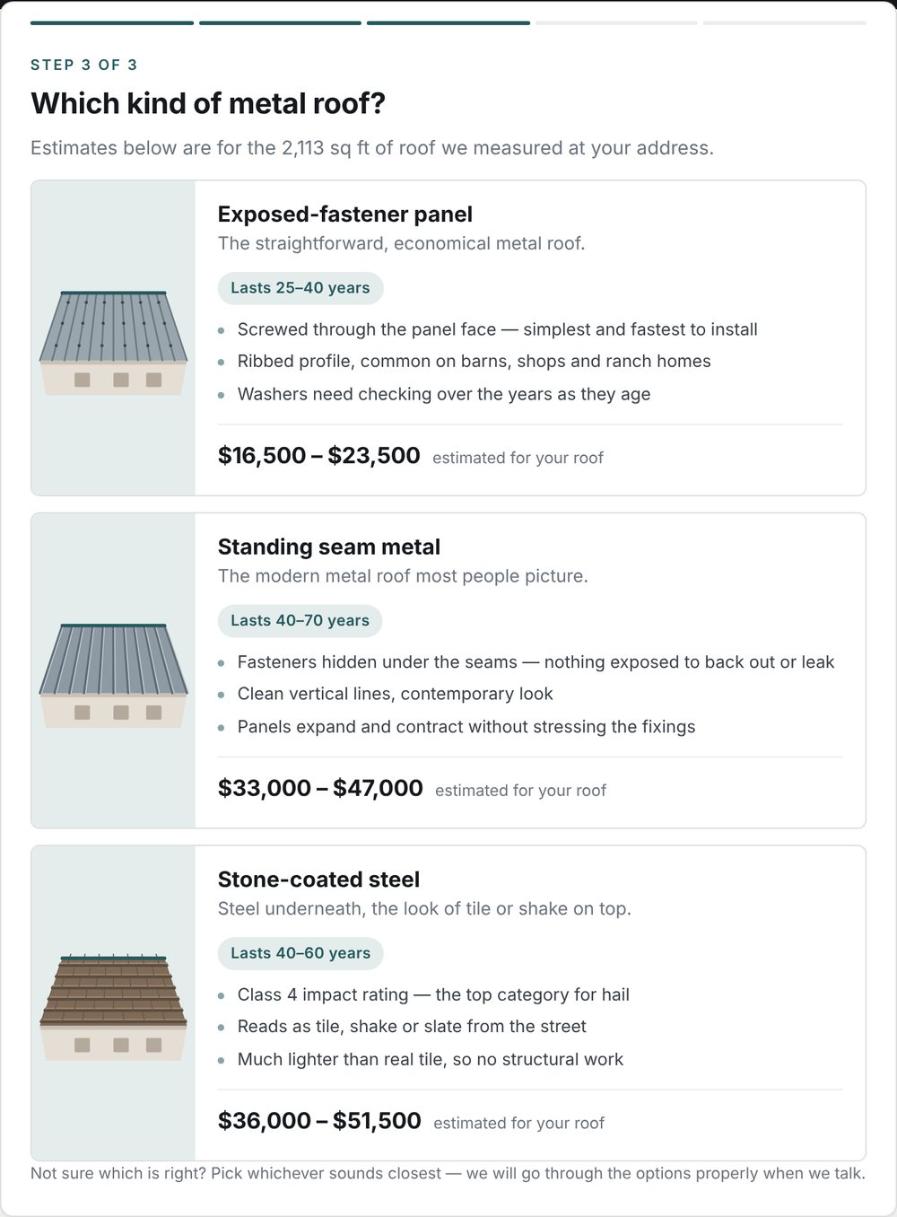 The roofing estimator's material step: three metal roof options, exposed-fastener panel, standing seam and stone-coated steel, each with a lifespan, three key points and a price range for the measured roof